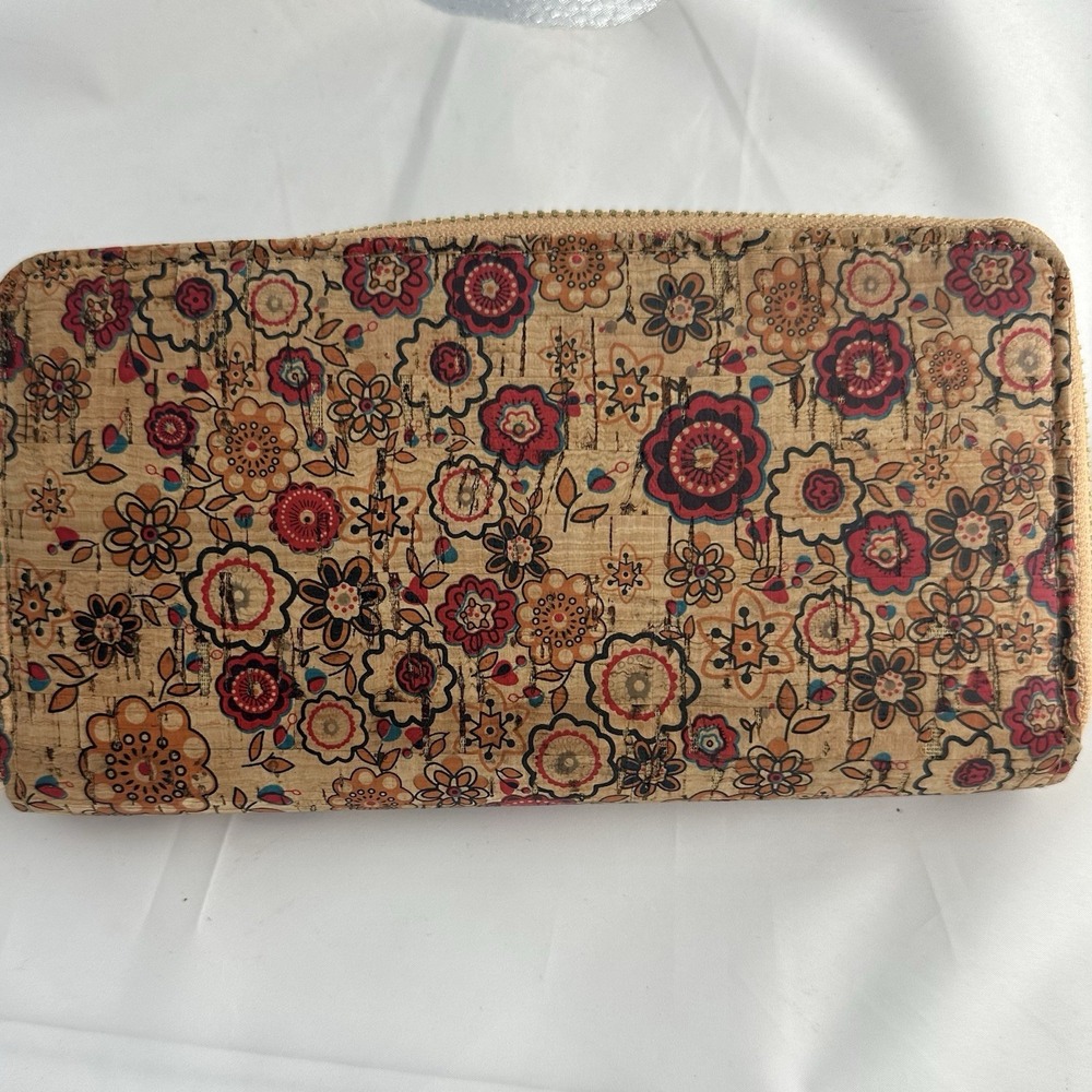 Vegan Cork Zip Around Wallet Featuring A Floral Design Red, Pink, Blue
